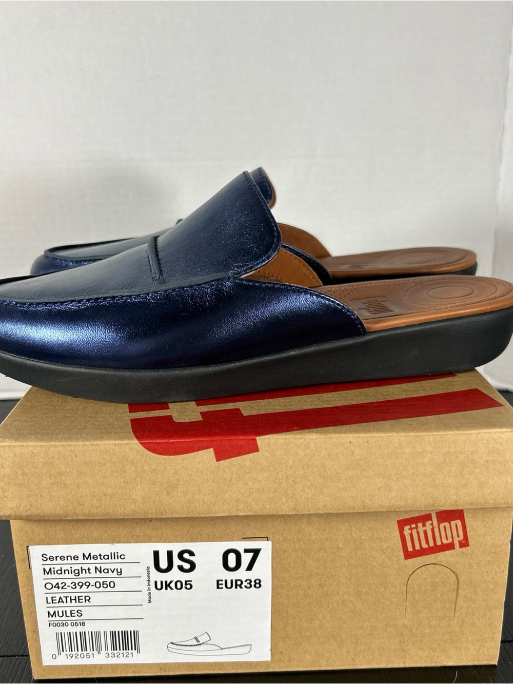 Fitflop Serene Metallic Midnight Navy Leather Slip-On Mules women’s size 7 new